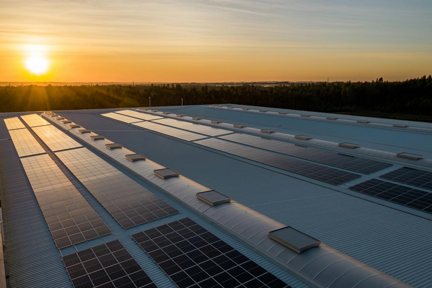 Solar panels on a roof at sunset. 